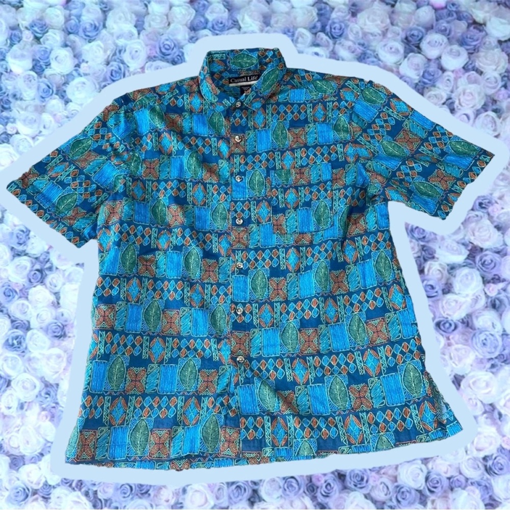 Vintage 80s Shirt Funky Patterned Short Sleeved Button Down Collared Print Top